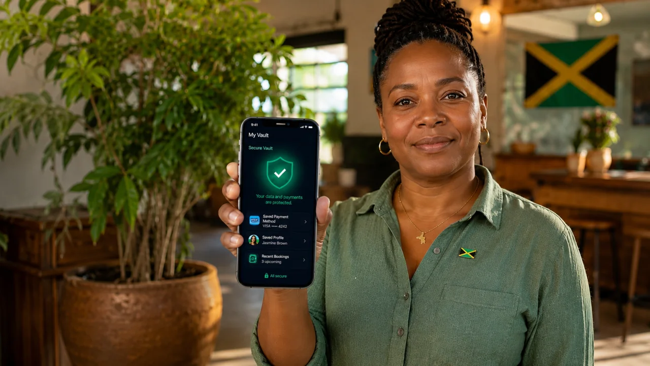 VendaVault customer showing the secured wallet on her phone, plant and Jamaican flag in the background