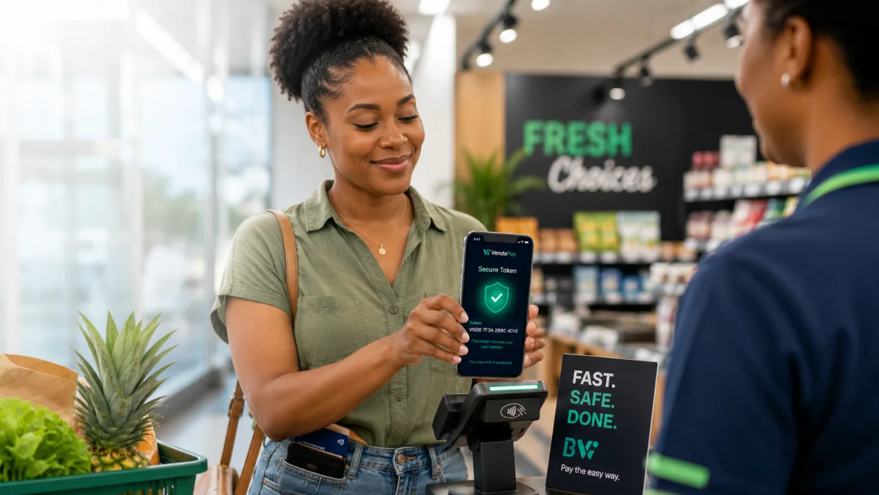 VendaVault customer paying at a Jamaican supermarket with her phone token — fast, safe, done