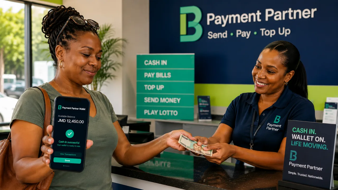 Customer depositing cash at one of our Payment Network counters, phone shows JMD 12,450.00 wallet balance